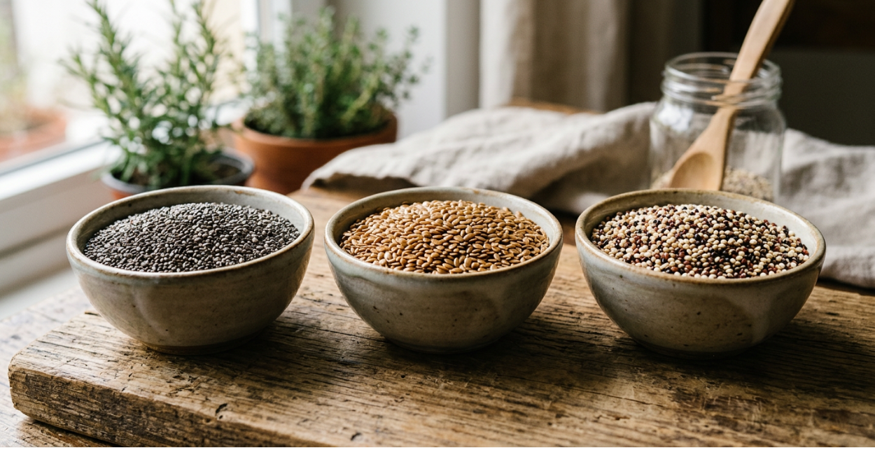 Chia, linhaça e quinoa: superalimentos sem glúten para a saúde da mulher a partir dos 30